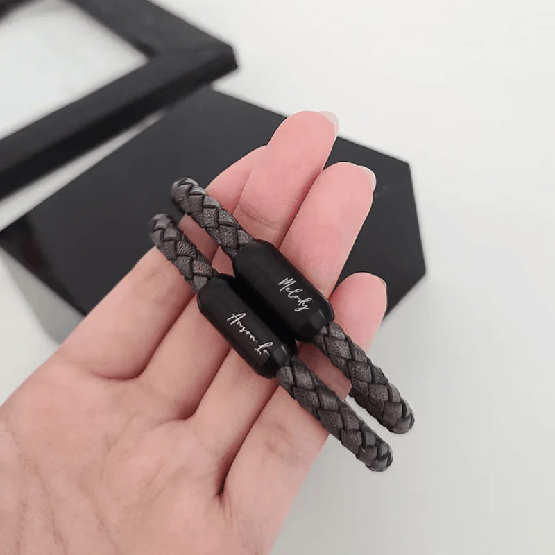 Ivey Stainless Steel Engraved Leather Bracelet
