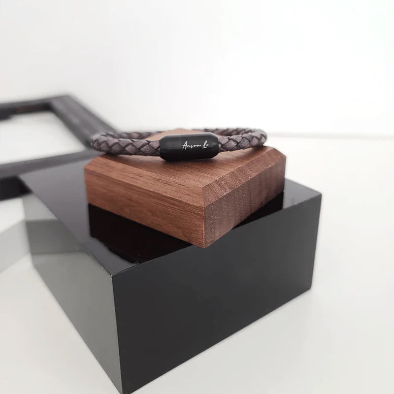 Ivey Stainless Steel Engraved Leather Bracelet