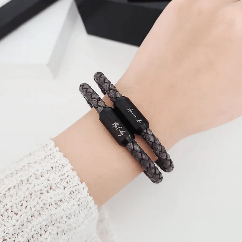 Ivey Stainless Steel Engraved Leather Bracelet