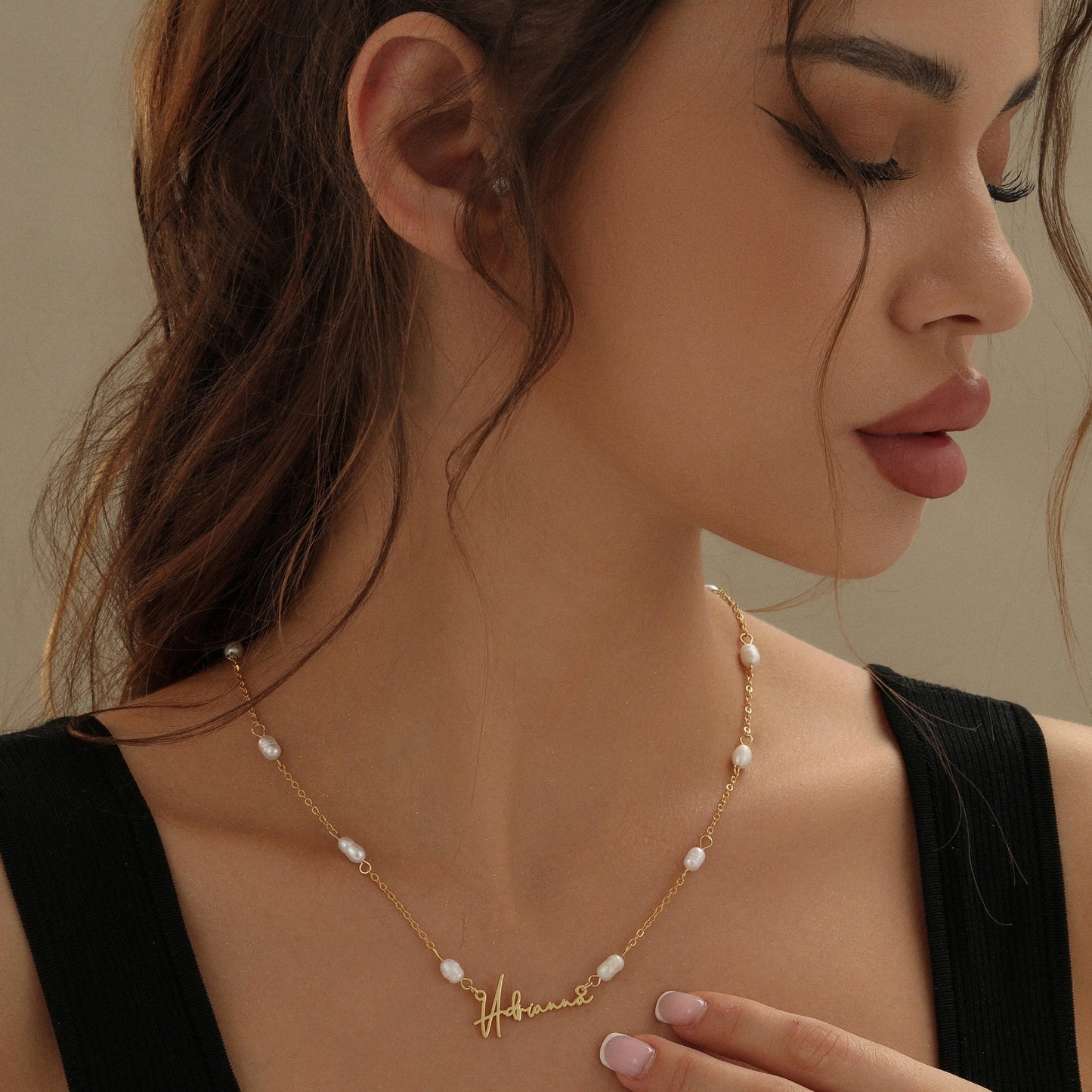 Monique Script Name Necklace w/ Pearl Link Chain